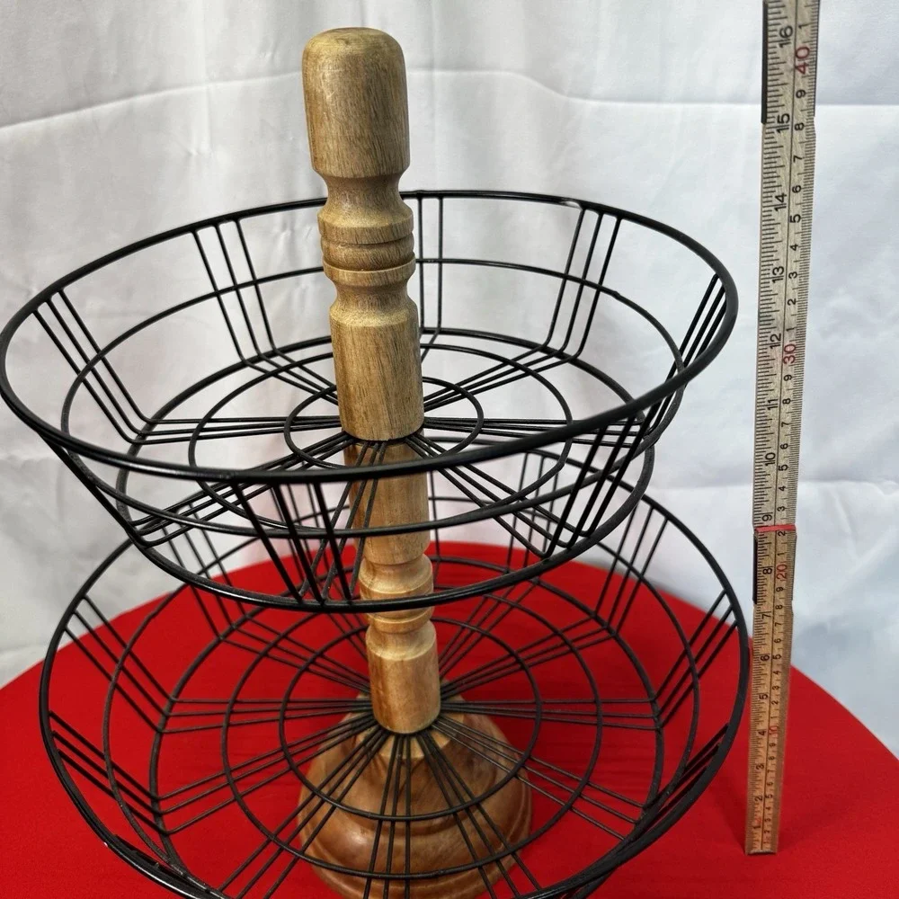 Fruit/Veg Basket 2‎ Tier Wood & Wire. Countertop Storage/Display